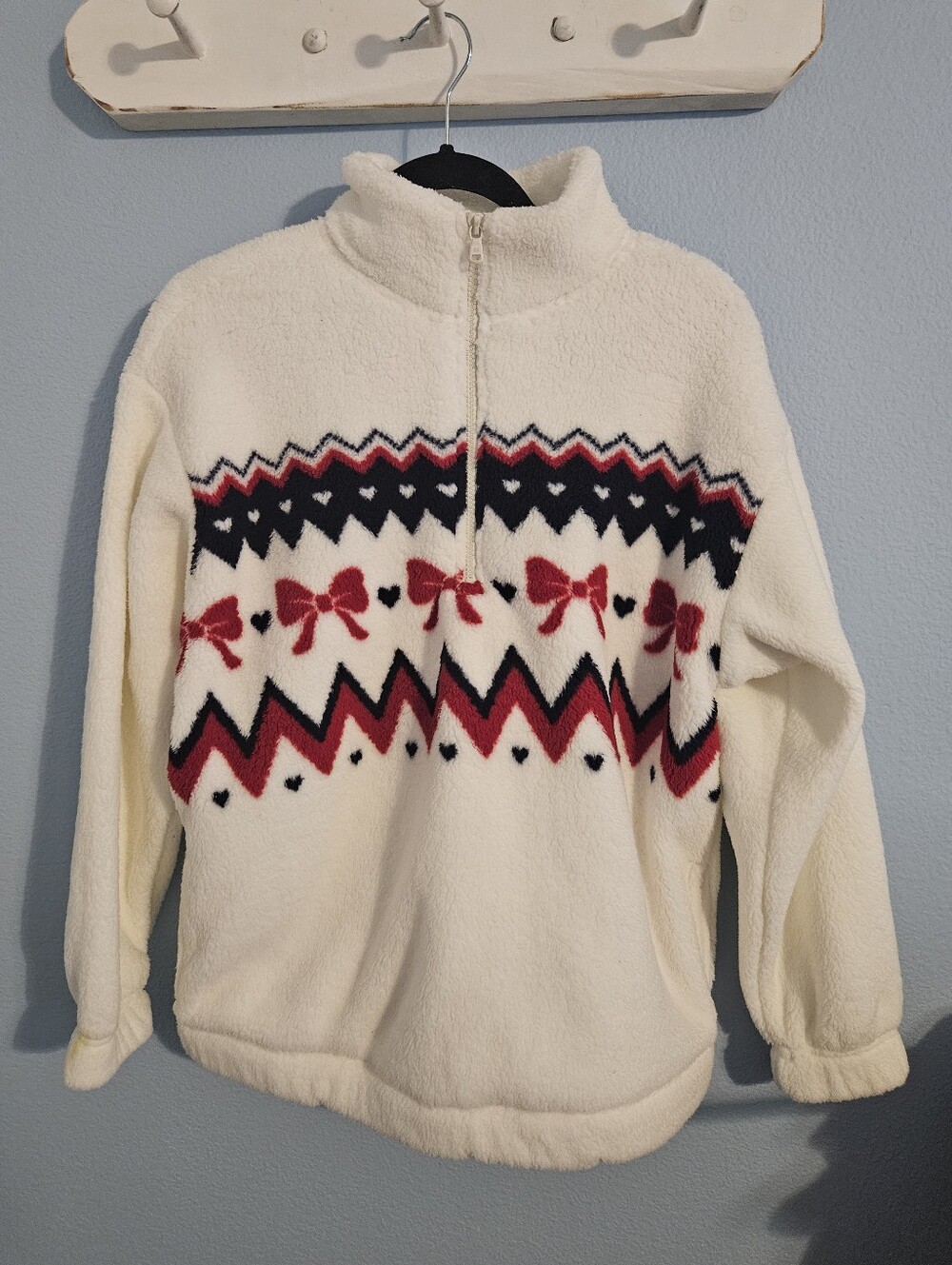 Gilly Hicks Women’s Cream Half-Zip Sherpa Sweater with Red & Navy Bow Pattern
